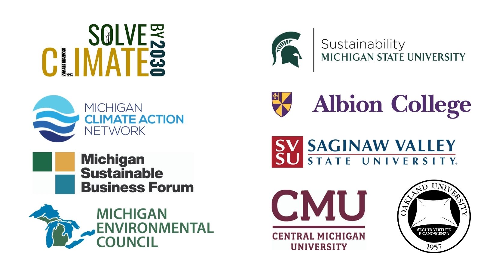 Logos for Partners: Solve Climate by 2030, MSU Sustainability, Central Michigan University, Albion College, Saginaw Valley State University, Oakland University, Michigan Climate Action Network, Michigan Sustainable Business Forum, Michigan Environmental Action Council, 